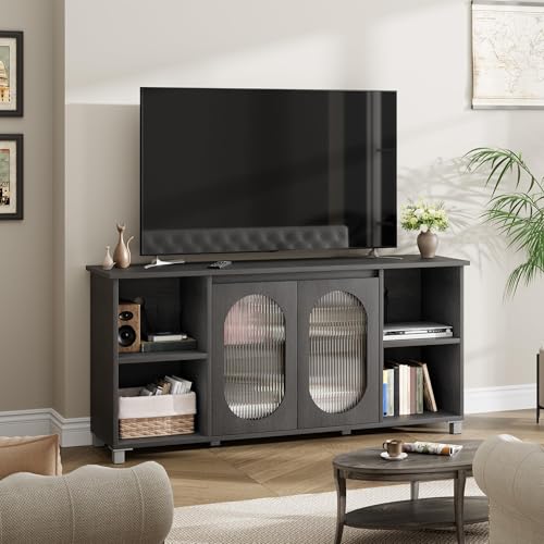 IDEALHOUSE TV Stand for 65" TVs with Fluted Glass Media Console, Black | Media Storage Cabinet, Fluted Glass Doors, Open Display Shelves, Modern Design, Bedroom & Living Room - color: Black