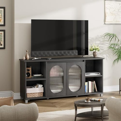 IDEALHOUSE TV Stand for 65" TVs with Fluted Glass Media Console, Black | Media Storage Cabinet, Fluted Glass Doors, Open Display Shelves, Modern Design, Bedroom & Living Room - color: Black