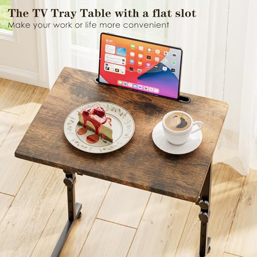 Adjustable Folding TV Tray Table,TV Dinner Small Foldable C-Shaped End Table for Eating,6 Height Adjustable Slide Under Couch Side with Sturdy MDF Top,No Assembly(Brown,2Pcs) - color: Brown, size: 2PCS