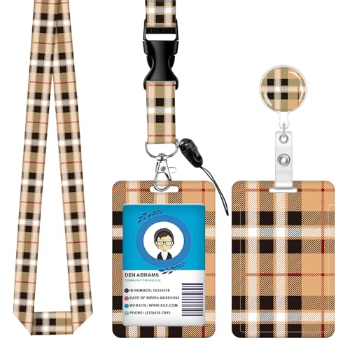 ID Badge Holder with Lanyard Fashionable ID Card Holders with Retractable Lanyards Soft Fiber Metal Clip Sturdy Buckle for Key Wallet Work Nurse Teacher (Beige Tartan Plaid) - color: Beige Tartan Plaid