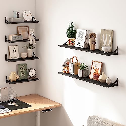 Fixwal Floating Shelves, Width 4.75in Rustic Wood Wall Shelves Set of 8, Wall Storage Shelves for Bedroom, Living Room, Kitchen, Bathroom, Office and Plants (Black) - color: Black, style: 8pcs