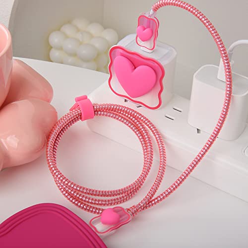 Compatible with iPhone 18W/20W USB-C Charger Cover Lovely 3D Love Heart Waves Clear Soft Charger Protector Cute Cable Saver for iPhone 11 12 13 14 Pro Max Fast Power Adapter, Rose 1 (5in1) - color: Rose 1 (5 in 1)