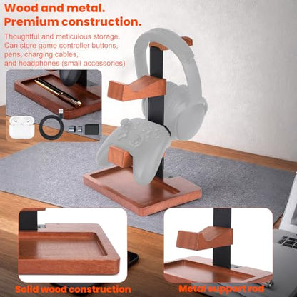 Solid Wood Game Controller Stand & Headphone Holder, Dual Controller Organizer for Xbox Switch Headset Gaming Equipment Stuff Desk Accessories Room Decor for Son Husband Boyfriend