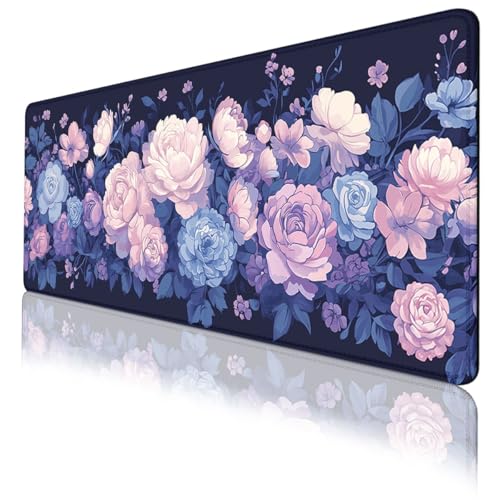 Floral Gaming Mouse Pad Purple Pink Blue Roses Peonies Botanical Large Desk Mat Extended Large Laptop Keyboard Non-Slip Rubber Base with Stitched Edges for Home 31.5 x 11.8 Desk Home Office Gaming - color: Floral, size: 31.5" x 11.8"
