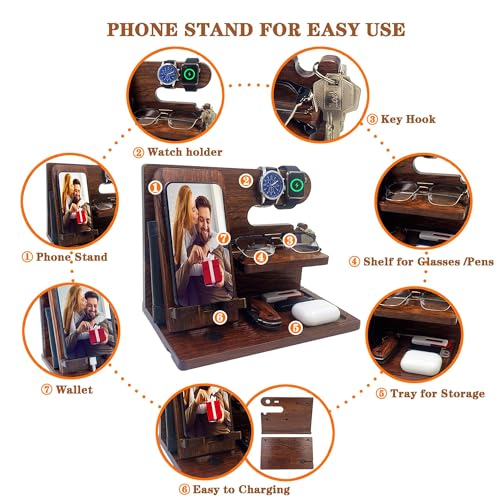 VEIYAILU Gifts for Men Boyfriend Him Brother Nightstand Organizer Gift for dad from Daughter Son Wood Phone Docking Station Anniversary Birthday Gifts (Walnut) - color: Walnut