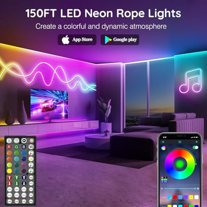 AILBTON 150Ft Neon Rope Lights,Flexible Led Rope Lights Control with App/Remote,Multiple Modes Music Sync Gaming RGB Led Neon Lights for Bedroom Outdoor - size: 150FT