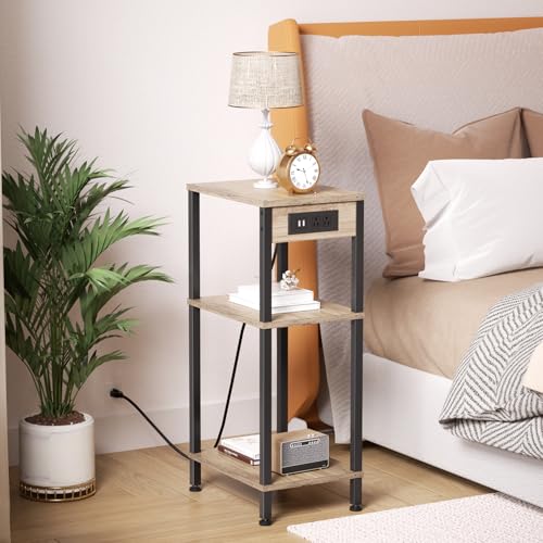 Creso hom Tall End Table with Charging Station and USB Ports, 3 Tier Narrow Tall Bedside Table with Storage, Slim Nightstand with Outlets for Bedroom, Living Room, Office, Greige - color: Greige, size: 11"D x 15"W x 30"H
