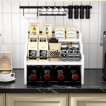 4-Tier Wood Display Shelf Wine Rack for 16 Bottles Wood Coffee Syrup Organizer with Handles Home Whiskey Shelf Retro Mini Liquor Cabinet Spice Rack Coffee Bar Shelves, White - color: White