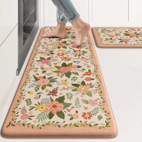 KIMODE Anti Fatigue Kitchen Mats, Padded Kitchen Floor Mats 17"x47"+17"x29", Farmhouse Kitchen Rugs Sets of 2, Pink Rugs for Kitchen Floor, Cushioned Standing Mat for Laundry Office Sink Desk - color: Flower/Pink, size: 17.3" x 47"+17.3" x 29"--0.47 inche