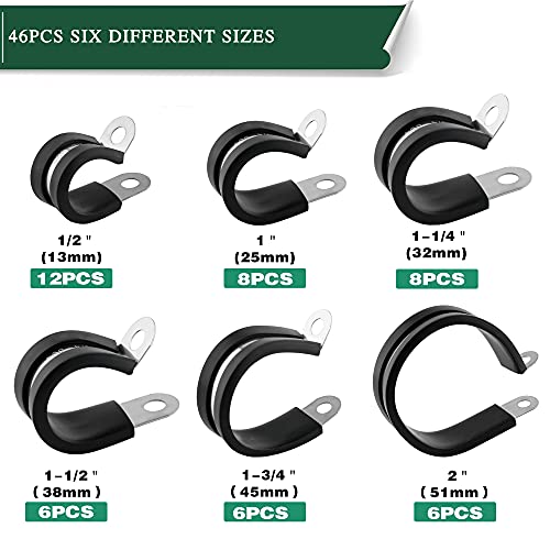 OURU 46PCS Cable Clamps Assortment Kit,Stainless Steel Rubber Coated Cushioned Insulated Cable Clamp,Automotive Wire Clamps,Pipe Clamps,Metal Clamp in 6 Sizes—1/2'' 1'' 1-1/4'' 1-1/2'' 1-3/4'' 2'' - size: 46pcs - 1/2", 1", 1-1/4", 1-1/2", 1-3/4", 2"