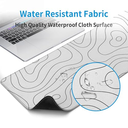 White Large Gaming Mouse Pad Desk Pad Topographic Map Big Keyboard Mat 31.5x11.8inch Computer Mousepad with Stitched Edge Non-Slip Rubber Base - color: White Topographic Map