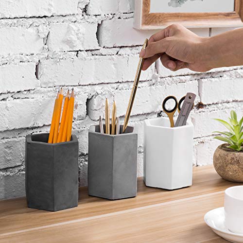 MyGift Set of 3 Cement Decorative Hexagon Multi-Colored Desktop Pen Holder and Pencil Office Supply Stationary Storage Cups (White, Gray, Black) - color: Black-gray-white