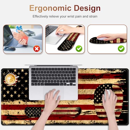 Large Mouse Pad with Wrist Support 4in1 Set, XXL Game Mousepad + Keyboard Wrist Rest+Mouse Wrist Rest+Coaster with Ergonomic Design Gaming Mat for Home Office Table Computer I Retro USA Flag - color: Retro USA Flag