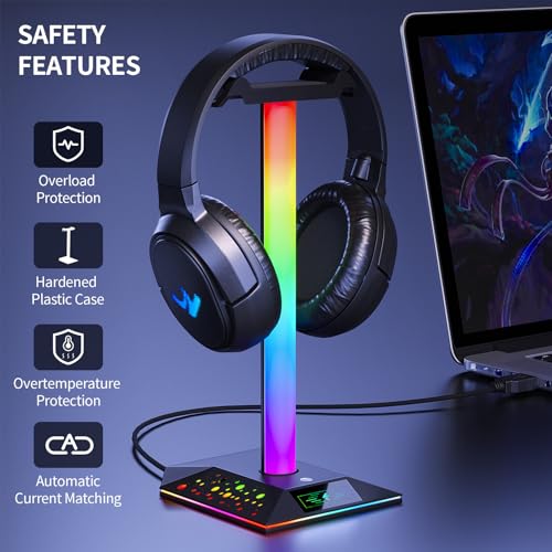 Gaming Headphone Stand PC Accessories - RGB Headset Stand with 2 USB Charger, Cool LED Headphone Holder PC Gaming Accessories for Boys Men Gamers, Computer Game Hardware for Desk - size: 1-tier