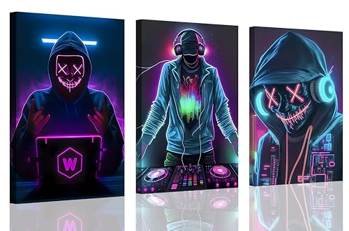 Framed 3Pcs Game Room Canvas Print Wall Art 16x24 Inches | Cyberpunk Trendy Poster Cool Atmosphere Wall Decor Futuristic Neon Light Art Print Gift for Gamers & Electronic Music Lovers - color: Purple, size: 16 in x 24 in