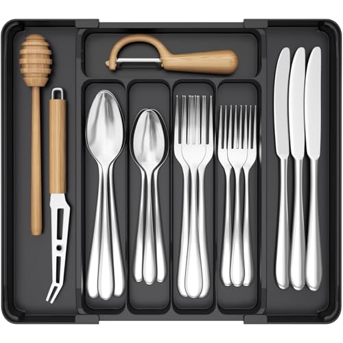 Lifewit Silverware Organizer for Drawer, Expandable Utensil Tray, BPA-Free Adjustable Cutlery Holder for Kitchen Storage, 8.1-13.9 x 11.3, Black - color: Black, size: Medium Slim(8.1-13.9''W x 11.3''D)