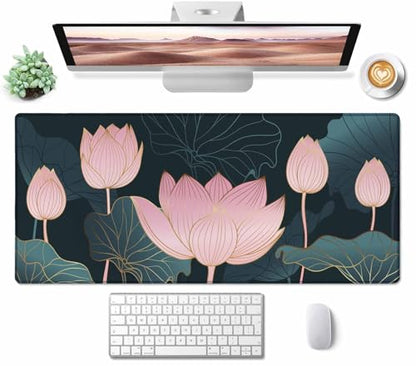 Large Gaming Mouse Pad with Stitched Edges, Lotus Flowers Desk Mat, Extended XL Keyboard Pad, Non-Slip Rubber Base Desk Pad for Keyboard and Mouse, 35.4X15.7 inch - color: Lotus Flowers, size: 35.4L x 15.7W inches
