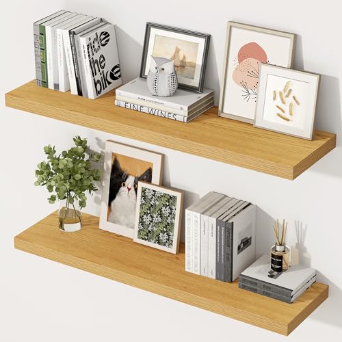 36 Inch Floating Shelves, 12 Inch Deep Floating Shelves for Wall, Extra Deeper & Thicker Wooden Wall Shelf with Invisible Brackets, Shelf for Bedroom Home Decor（Oak, Set of 2） - color: Oak, size: 36"W x 12"D x 2"H, Set of 2