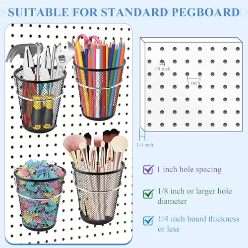 6 Sets Pegboard Cups with Ring, Metal Pegboard Bin with Hooks, Black Multipurpose Pegboard Organizer Accessories Pencil Holder Peg Boards for Desk Classroom Office Garage Workshop