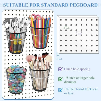 6 Sets Pegboard Cups with Ring, Metal Pegboard Bin with Hooks, Black Multipurpose Pegboard Organizer Accessories Pencil Holder Peg Boards for Desk Classroom Office Garage Workshop