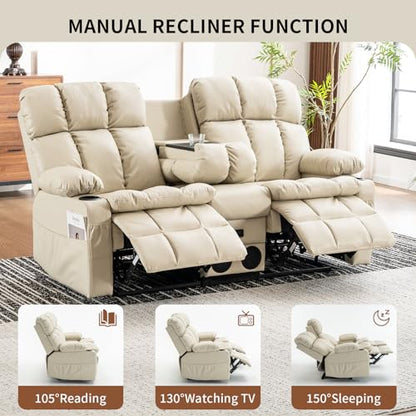 Loveseat Recliner Sofa with Massage & Heat, Flip Backrest, Reclining Loveseat with Console, Bluetooth Speaker, USB/Outlet/Storage/Cup Holder/Side Pocket, RV Sofa, Home Theater Seating, Beige - color: Beige, size: Loveseat with Console