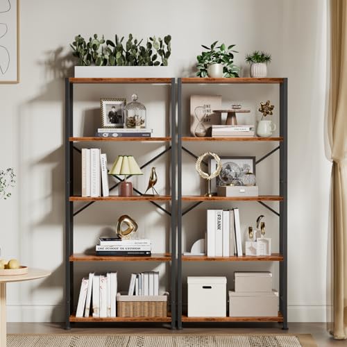 Furologee 5 Tier Book Shelf Set of 2, Tall Wide Bookshelf, Industrial Open Bookcase, Display Shelves Storage Organizer, Shelving Unit for Living Room, Home Office, Bedroom, Rustic Brown - color: Rustic Brown, size: 5 Tier - 20"W-2 PCS