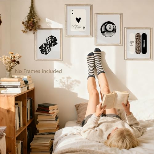 YUISLE Trendy Black and White Wall Art Posters, Leopard Preppy Room Decor, Aesthetic Dice Poster Prints for Teen Girl's Dorm Bedroom, 8x10 Inch, 4 PCS(Unframed)