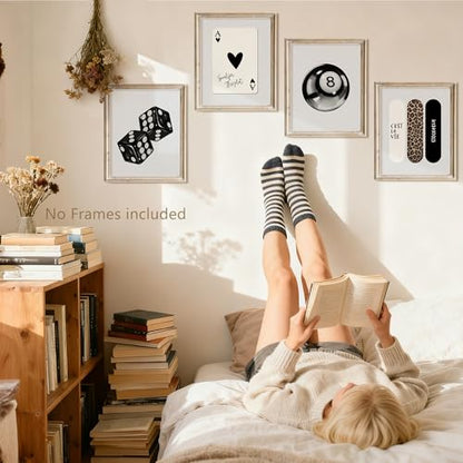 YUISLE Trendy Black and White Wall Art Posters, Leopard Preppy Room Decor, Aesthetic Dice Poster Prints for Teen Girl's Dorm Bedroom, 8x10 Inch, 4 PCS(Unframed)