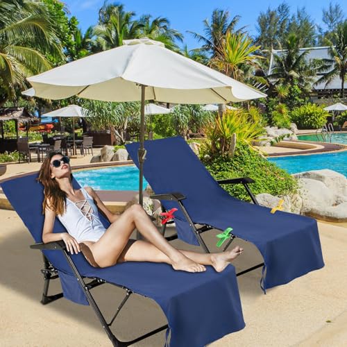 VOCOOL Lounge Chair Cover Microfiber Beach Chair Cover Towel with Pockets | Soft Absorbent Quick Dry, Chaise Lounger Towel Cover, for Outdoor Sunbathing Garden Courtyard Hotel, 85 x 30 inch, Dark Blue - color: Dark Blue