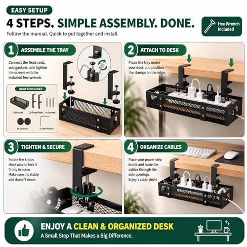Under Desk Cable Management Tray, Metal Desk Cord Organizer, Adjustable Clamp, No Drill, Durable Desk Cable Organizer – 13.4'' - size: 13.4 inch