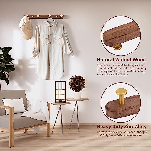 Wall Mounted Coat Rack, Entryway Hanging Rack, Metal Wood Coat Rail with 4 Rustic Hooks for Scarf, Bag, Towel, Key, Cup, Hat - Walnut Gold Matt - size: 4 Hooks - Round Shape