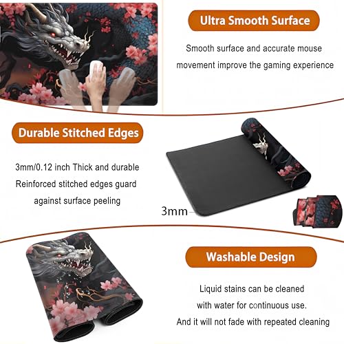 Cute Sakura Dragon Gaming Mouse Pad Kawaii XXL Large Extended Anime Desk Mat, Non-Slip Rubber Base Mousepad, Office Decor Desk Pad, Cool Keyboard and Mouse Mat with Stitched Edges, 31.5x15.75 in - color: Red Sakura Dragon