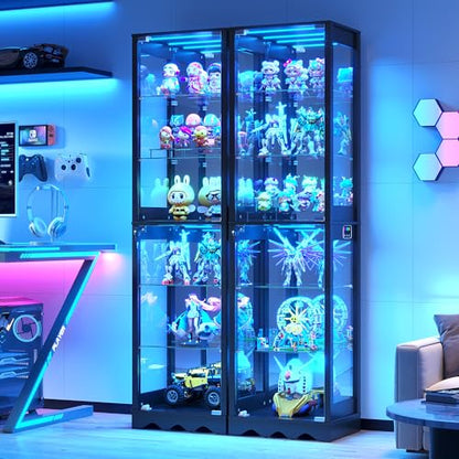Dystler Display Cabinet with Glass Doors, 6 Tier RGB Lights Curio Cabinet | Adjustable Shelves, Human Sensor Lighting, Modern LED Display Case for Collectibles, Black - color: Black