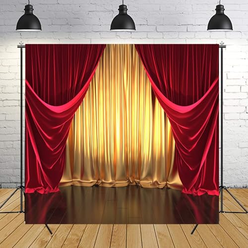 3D Rendering Theater Stage Theme Photography Backdrops Golden and Red Curtains Photo Studio Props Vinyl Background for Wedding Birthday Party Decoration Banner 6x6ft - size: 6x6FT(180CM X 180CM）