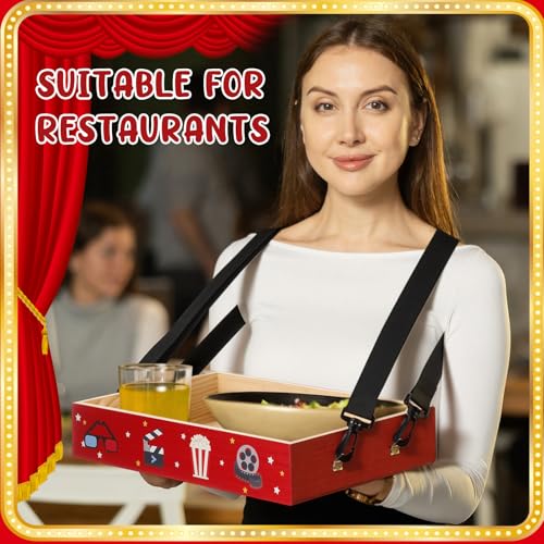 Movie Night Trays with Strap 15 x 10 x 3 Inch Wooden Snack Tray Party Wearable Serving Trays Usherette Popcorn Drink Beverage Carrier for Theater Family Room Film Carnival Prop Supplies(Party Style) - style: Party Style