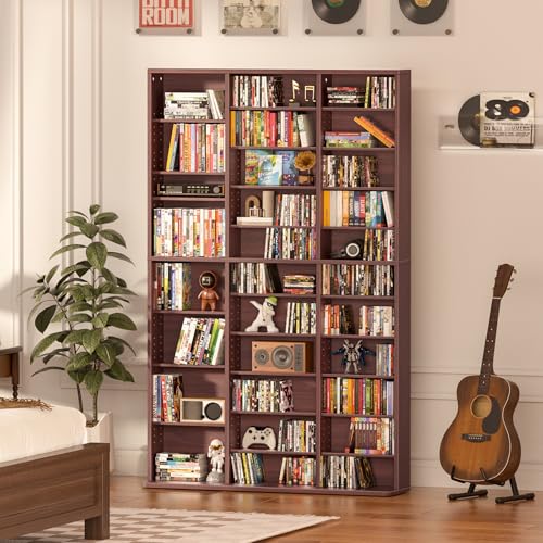 11 Tier Tall Display Cabinet, Walnut Media Storage Cabinet with Adjustable Shelves, Free Standing DVD Organizer Shelf, Floor multimedia storage manga bookshelf for Living Room & Home Office. - color: Walnut, size: 11-Tier