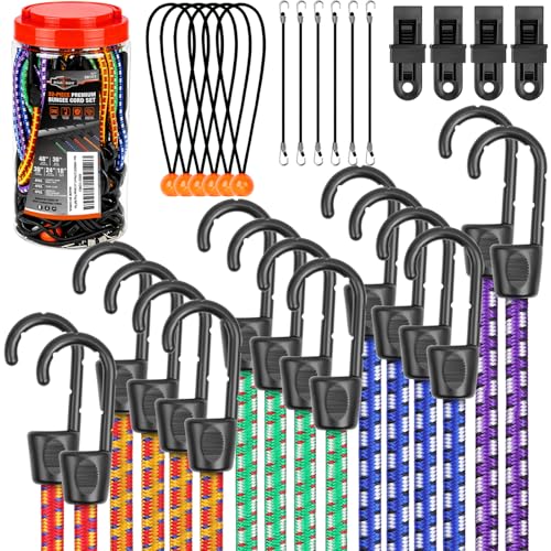 HORUSDY 31-Piece Premium Bungee Cord 6pcs 10" mini Bungee Cords, 2pcs 18"(Red), 4pcs 24"(Yellow), 4pcs 30"(Green), 4pcs 36"(Blue), 2pcs 48"(Purple), 4Pcs Trap Clips, 6pcs Canopy Trap Ball Ties - color: 31pcs 10"/18"/24"/30"/36"/48" Multi-color