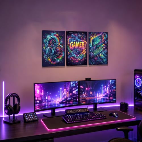 Yolbcdr Game Room Decor Video Game Canvas Wall Art Set of 3 Cool Gaming Poster Prints Gamer Sign Pictures Graffiti Gamepad Headphones Painting Wall Decor for Boys Bedroom 12x16in Framed - color: Colorful Gamer, size: 12"x16" Canvas
