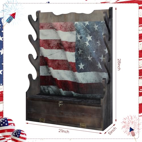 Yuntau Four Gun Wooden Gun Display Rack with Cabinet Storage Compartment and Soft Pad for Rifle Accessories Shotgun Rifle Rack for Wall Mount Home Indoor Decor - style: American Flag
