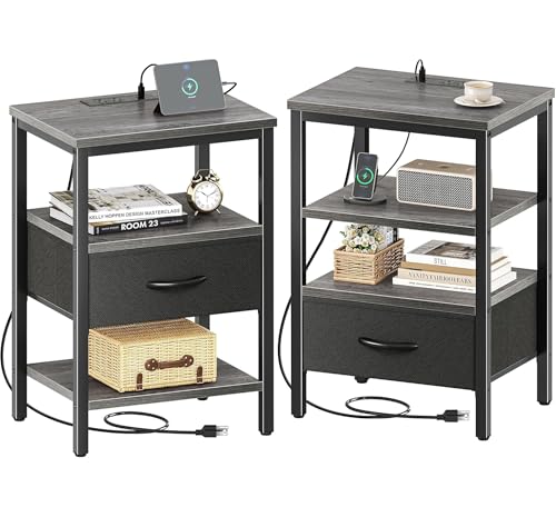 SUPERJARE Nightstand Set of 2, Bed Side Tables with Charging Station, Adjustable Fabric Drawer, Night Stand for Bedroom, 3-Tier Storage End Tables, for Living Room - Charcoal Gray - color: Charcoal Gray and Black, size: M-2 (11.8"D x 15.7"W x 23.4"H)