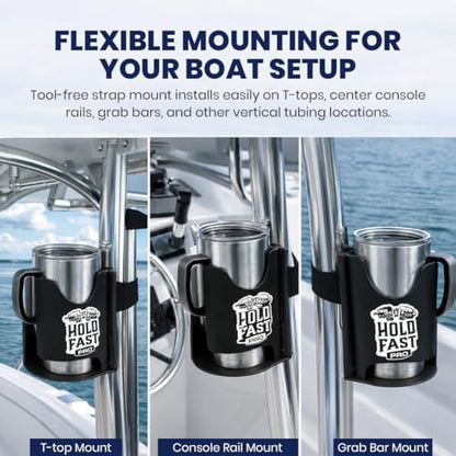 HoldFastPro Boat Cup Holder, Adjustable Universal Boat Cup Caddy for Rails & Grab Bars, Marine Drink Holder for Center Console, & T-Top Mounting, Black - color: Black