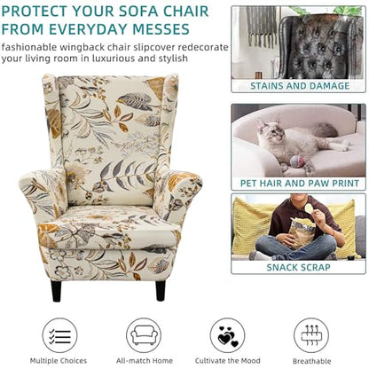 KRFOONN Wingback Chair Covers Slipcovers 2 Piece Stretch Wing Chair Covers Spandex Slipcovers Wingback Sofa Covers Armchair Covers Non-Slip Furniture Protector for Living Room Wingback Chairs, A21 - color: A21