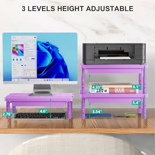 WALI Computer Monitor Stand with Storage, Desk Monitor Riser 3 Height Adjustable, Laptop Riser with Airflow Vents, Desk Organizer for Computer, Laptop, Printer (PTT002-V), 1 Pack, Violet - color: Violet, size: 14.6"L * 9.3"W,11" 1 Drawer