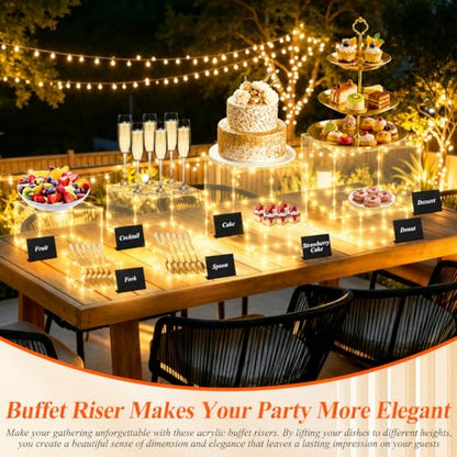 8 Pcs Clear Acrylic Buffet Risers with LED Fairy Lights, Acrylic Food Risers with Mini Sign and Maker, Clear Buffet Risers and Stands for Party Catering Dessert Collectibles(9" 8" 7" 6" 5" 5" 4" 4" ) - color: Clear 9" 8" 7" 6" 5" 5" 4" 4"