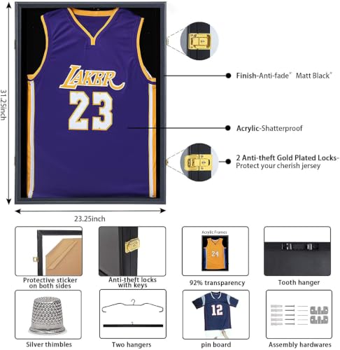 Jersey Frame Display Case, Large Lockable Shadow Box Sports Jersey Frame with UV Protection Acrylic and 2 Hanger for Baseball Basketball Football Soccer Hockey Shirt,Uniform, Graduates Black