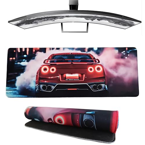 Large JDM R34 Car Mouse Pad, Red Smoke City Desk Mat, Extended Gaming Mouse Pad for Office & Home, Non-Slip Rubber Keyboard Mat Decor 31.5" x 11.8" - color: Red Car, size: 31.5" x 11.8"
