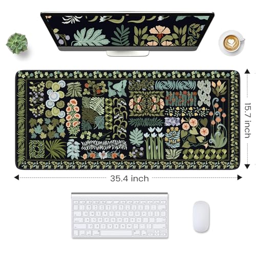 HAOCOO Black XXL Mouse Pad, Floral Desk Mat for Keyboard and Mouse, Vintage Keyboard Mat with Non-Slip Rubber Base, Water-Resistant Desk Pad Mat with Stitched Edges for Office - color: Black2
