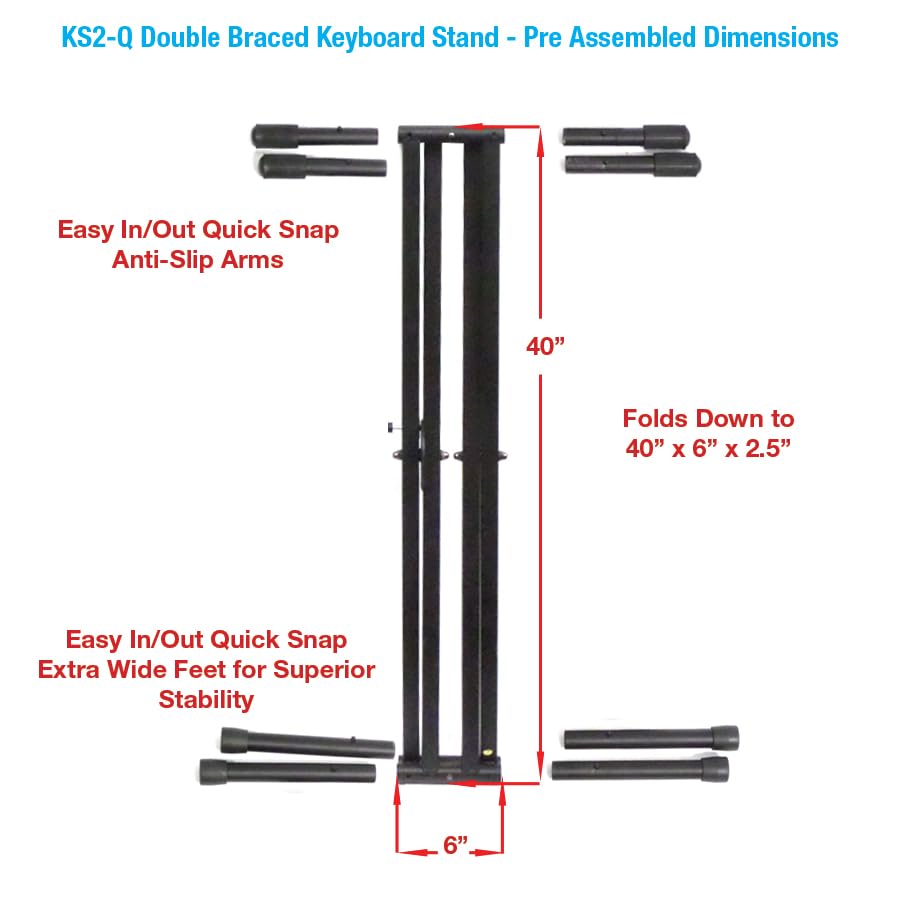 Keyboard Stand Unique Space Saving Easy Transport Design-Ultra Portable- - Double Braced -No Tools to Loose- fits all Portable 49-88 Keyboards (KS2-Q)