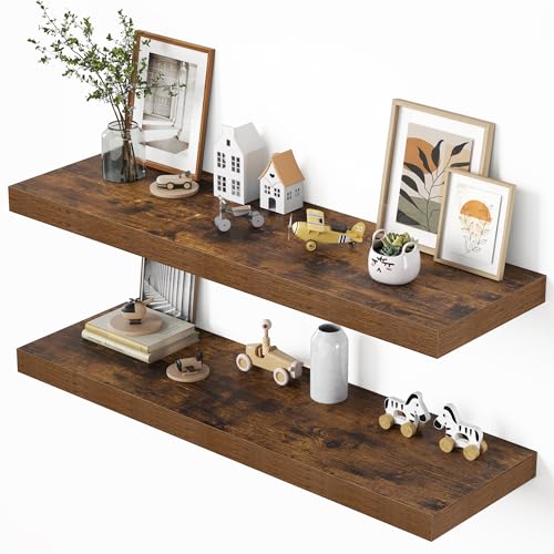 Dreamland 48" Floating Shelves for Wall, 12" Deep Thicker Floating Shelves, Wall-Mounted Shelves for Bedroom, Living Room, Kitchen, Bathroom,Rustic Brown - Set of 2 - color: Rustic Brown, size: 48"W x 12"D x 2"H, Set of 2