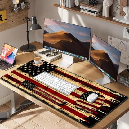 Large Mouse Pad with Wrist Support 4in1 Set, XXL Game Mousepad + Keyboard Wrist Rest+Mouse Wrist Rest+Coaster with Ergonomic Design Gaming Mat for Home Office Table Computer I Retro USA Flag - color: Retro USA Flag